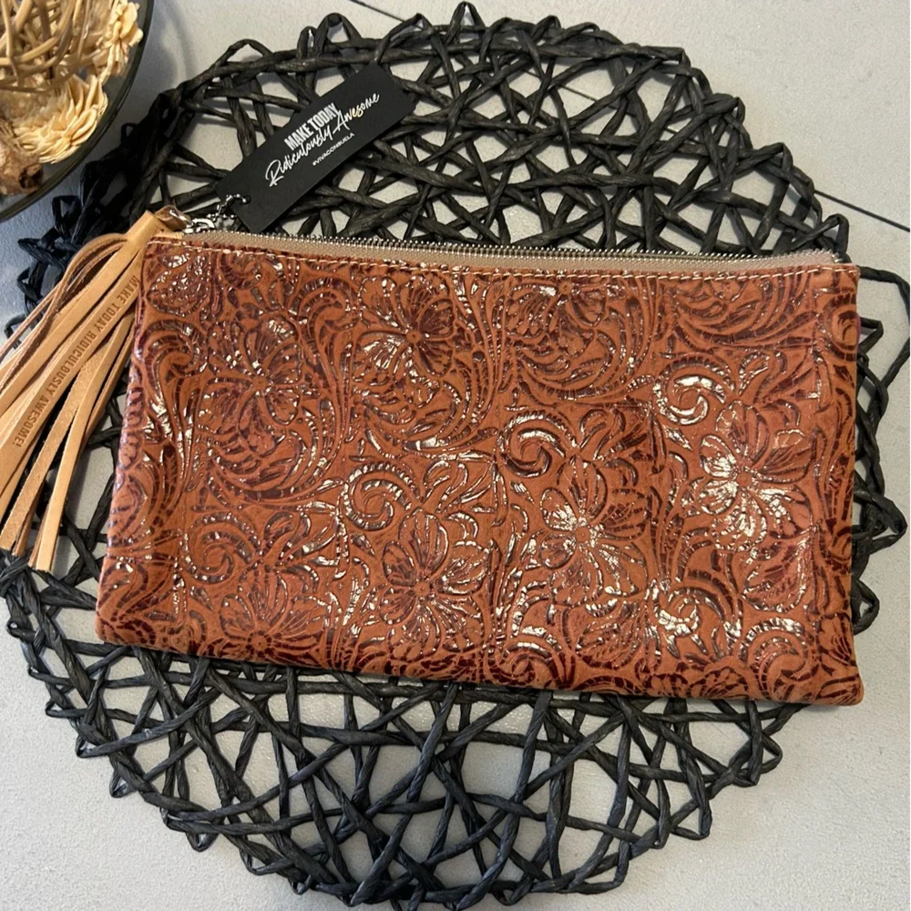 Consuela Sally Fold Over Leather Tooled Clutch